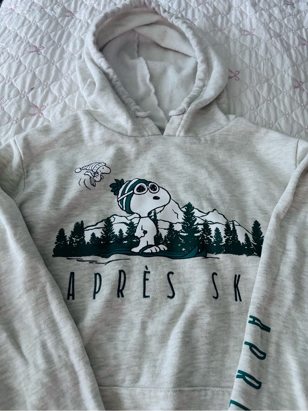 Peanuts Light Gray Hoodie with Dark Green Snoopy Après Ski Graphic